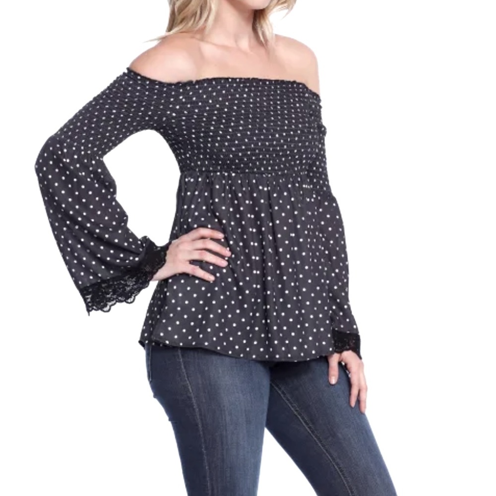 ModCloth size Large black and white polka dot shirt with smocking & bell sleeves